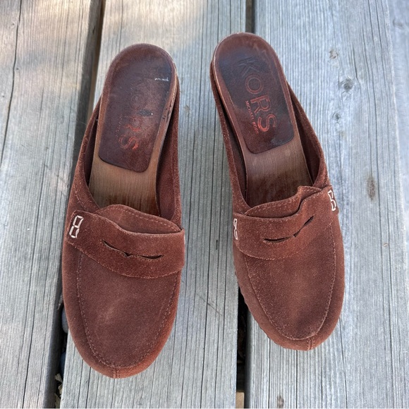 Women’s Brown Clogs / Mule Shoes Size 7 Suede Studded Wood Heels Made in Italy - Picture 5 of 12